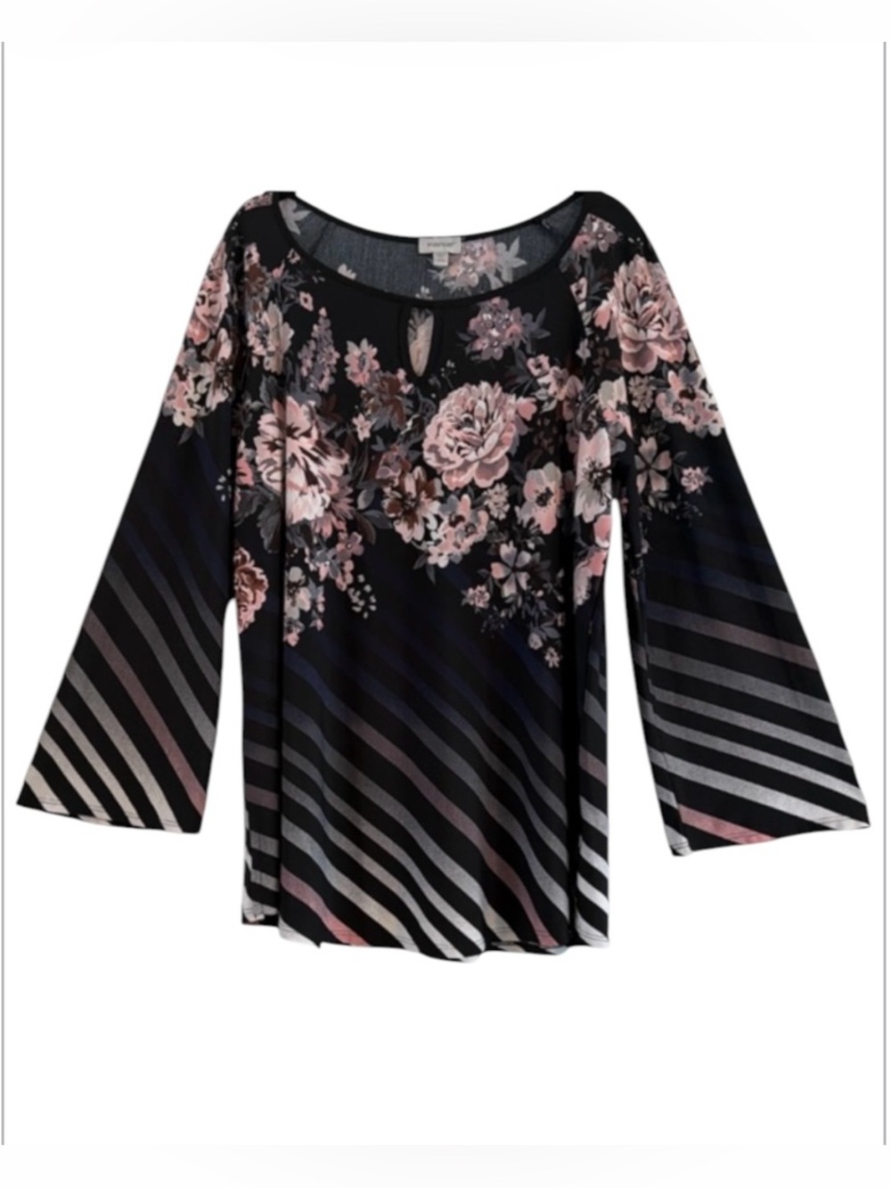 Avenue Black Pink Floral Stripe Knit Keyhole Long Sleeve Top Size 14/16